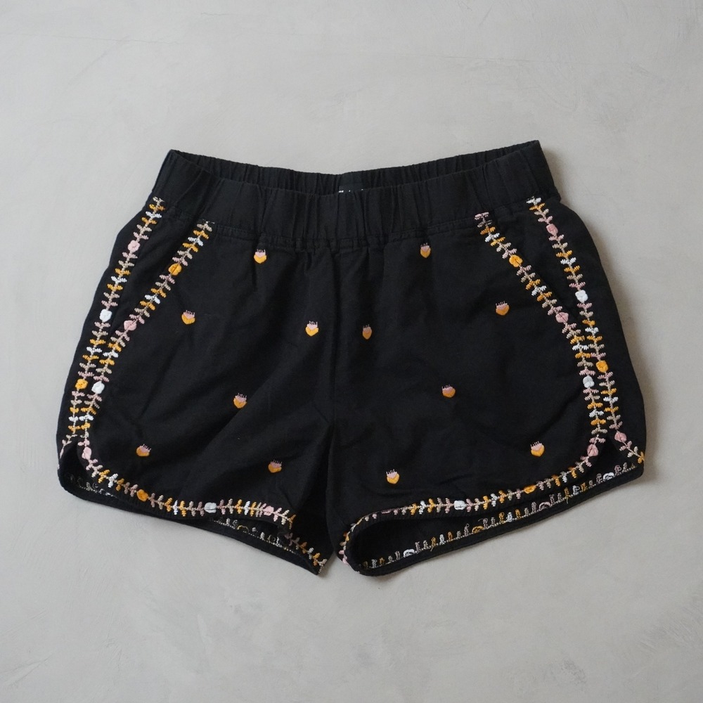 Madewell Embroidered Pull On Shorts XS Womens Black Floral Cotton Modal